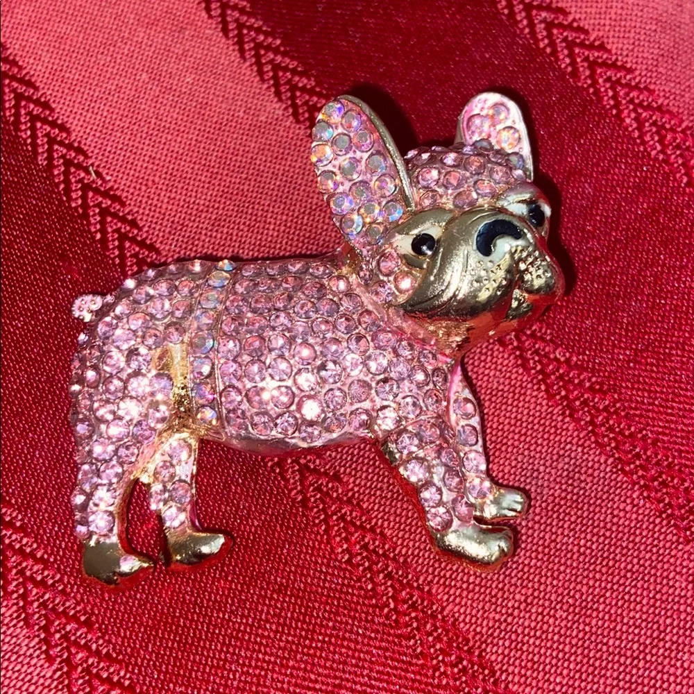 NEW Pink Rhinstoned & Gold Tone French Bulldog Broach & Pendant